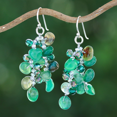Green-Toned Chalcedony and Glass Beaded Waterfall Earrings