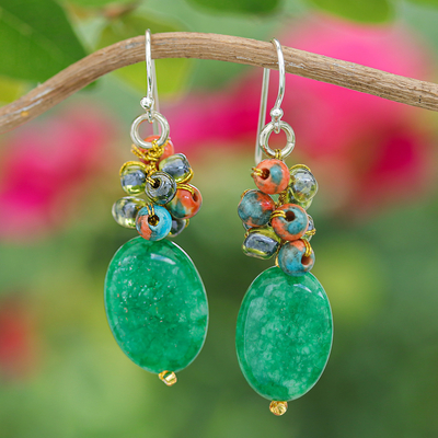 Green Quartz Glass and Resin Beaded Cluster Earrings