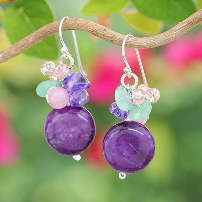 Purple Quartz Glass and Resin Beaded Cluster Earrings