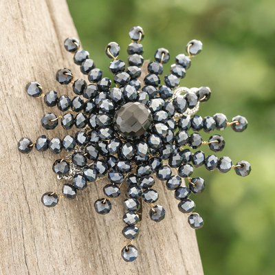 Star-Shaped Black Chalcedony and Glass Beaded Brooch
