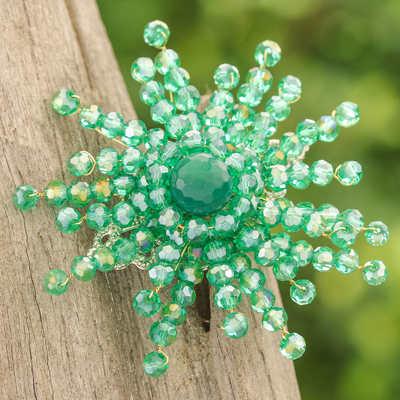 Star-Shaped Green Chalcedony and Glass Beaded Brooch