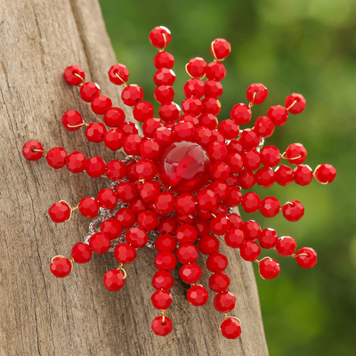 Star-Shaped Red Chalcedony and Glass Beaded Brooch