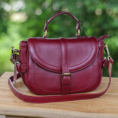 100% Bordeaux Leather Shoulder Bag with Detachable Strap