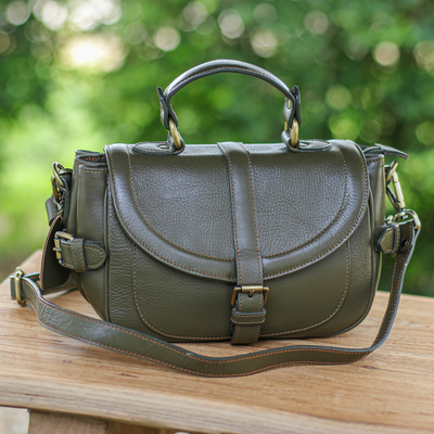 100% Olive Leather Shoulder Bag with Detachable Strap