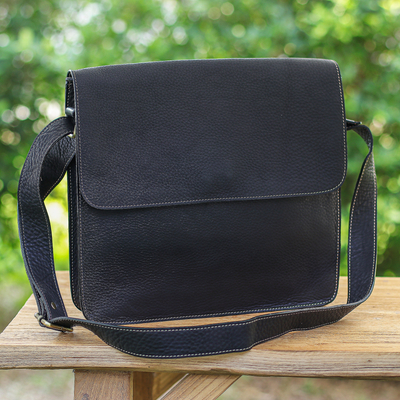 Handcrafted Adjustable 100% Black Leather Shoulder Bag