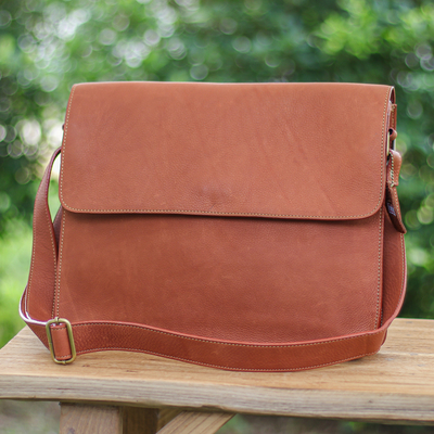 Artisan Crafted Flap Messenger Bag Made in Tan Brown Leather