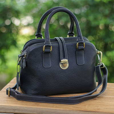 100% Black Leather Handbag with Detachable Adjustable Strap