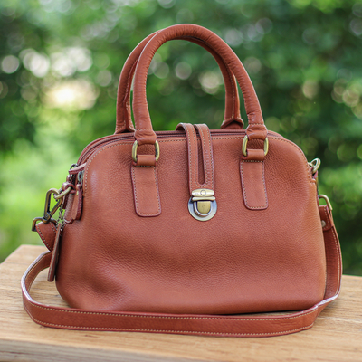 100% Brown Leather Handbag with Detachable Adjustable Strap