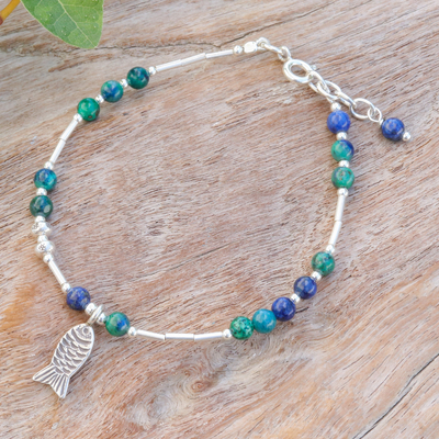 Fish-Themed Natural Azure-Malachite Beaded Charm Bracelet