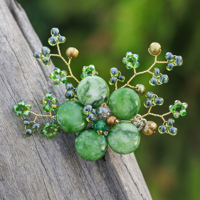 Flower-Shaped Green Cultured Pearl and Quartz Brooch Pin