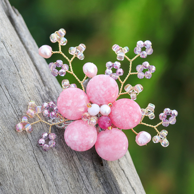 Flower-Shaped Pink Cultured Pearl and Quartz Brooch Pin