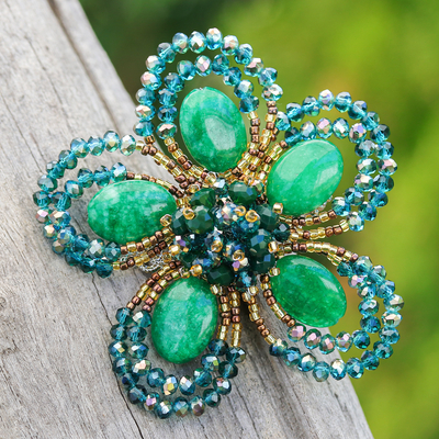 Handcrafted Floral Green Quartz and Glass Beaded Brooch Pin