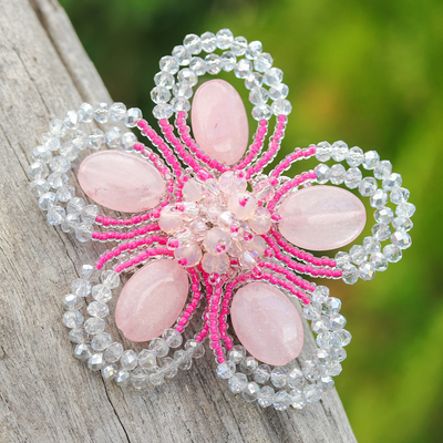 Handcrafted Floral Pink Quartz and Glass Beaded Brooch Pin