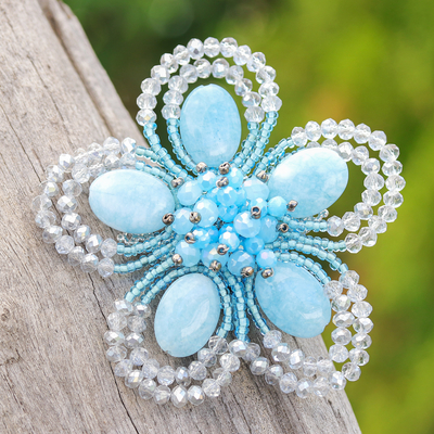 Handcrafted Floral Blue Quartz and Glass Beaded Brooch Pin