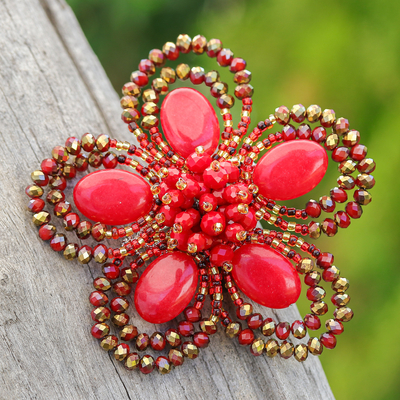 Handcrafted Floral Red Quartz and Glass Beaded Brooch Pin