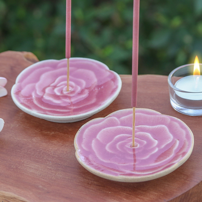 Handcrafted Rose-Shaped Pink Ceramic Incense Holders (Pair)
