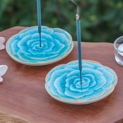 Handcrafted Rose-Shaped Blue Ceramic Incense Holders (Pair)