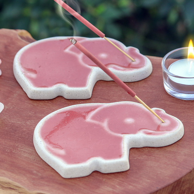 Handcrafted Elephant-Shaped Pink Incense Holders (Pair)