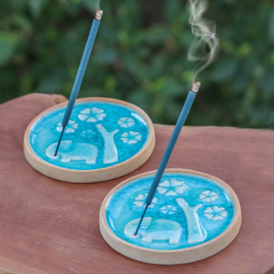 Nature-Themed Blue and Ivory Ceramic Incense Holders (Pair)