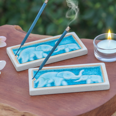 Handmade Elephant-Themed Blue Ceramic Incense Holders (Pair)