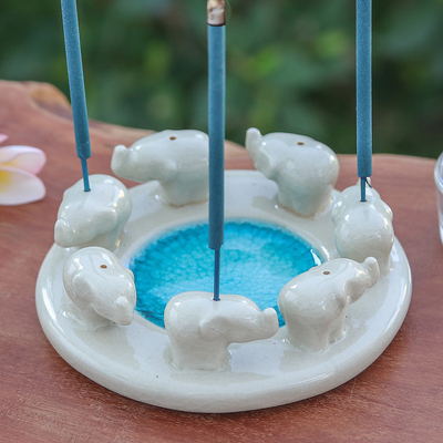 Elephant-Themed Ivory and Blue Ceramic Incense Holder