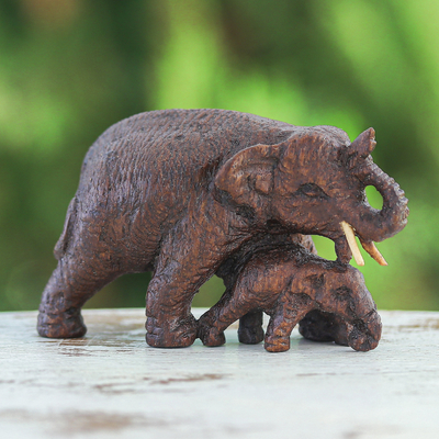 Hand-Carved Wood Figurine of Elephant Father and His Baby
