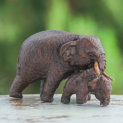 Hand-Carved Wood Figurine of Elephant Mother and Her Baby