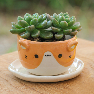 Ceramic Cat Mini Flower Pot with Saucer in Ivory and Orange