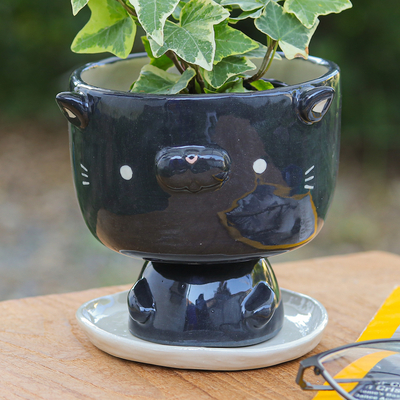 Cat-Shaped Black Ivory Ceramic Mini Flower Pot with Saucer