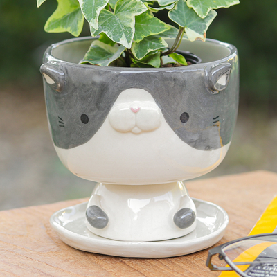 Cat-Shaped Ivory Grey Ceramic Mini Flower Pot with Saucer