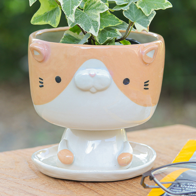 Cat-Shaped Ivory Orange Ceramic Mini Flower Pot with Saucer