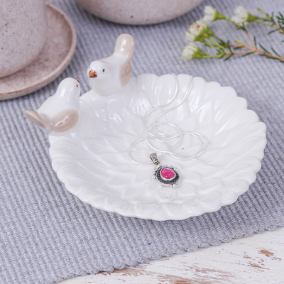 Handcrafted Bird-Themed Floral White Ceramic Catchall