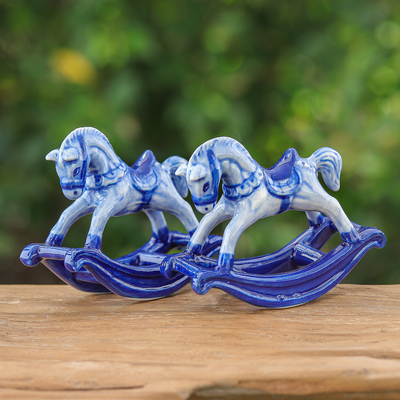 Blue and White Rocking Horse Ceramic Figurines (Pair)