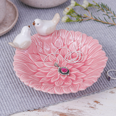 Handcrafted Bird-Themed Floral Pink Ceramic Catchall