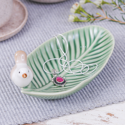 Handcrafted Bird-Themed Leaf-Shaped Green Ceramic Catchall