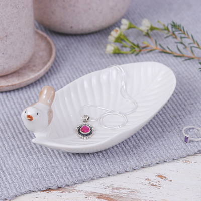 Handcrafted Bird-Themed Leaf-Shaped White Ceramic Catchall