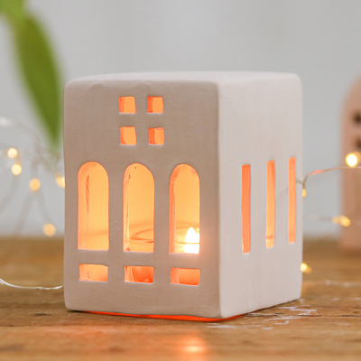 Hand-Painted House-Shaped Ceramic Tealight Holder in Pink