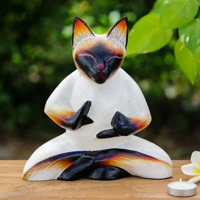 Meditation-Themed Siamese Cat Raintree Wood Sculpture