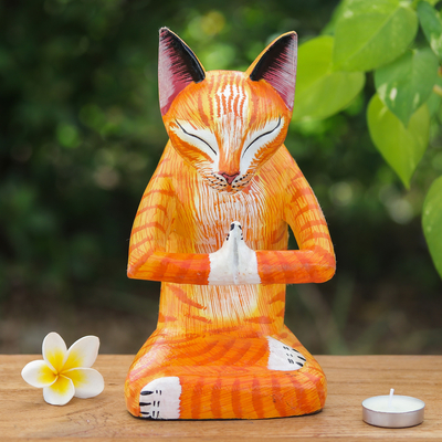 Handcrafted Yoga-Themed Orange Cat Raintree Wood Sculpture
