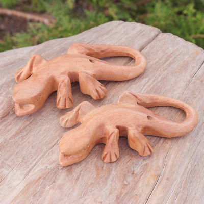 Hand-Carved Raintree Wood Gecko Ocarina Pair from Thailand