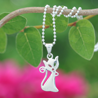 Cat-Shaped Sterling Silver Pendant Necklace from Thailand