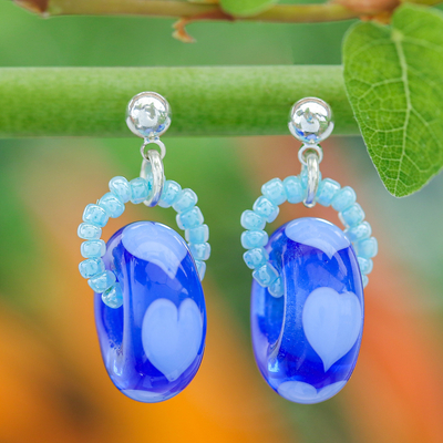 Handblown Glass Beaded Blue Dangle Earrings with Heart Motif