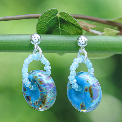 Square Blue and Brown Handblown Glass Beaded Dangle Earrings