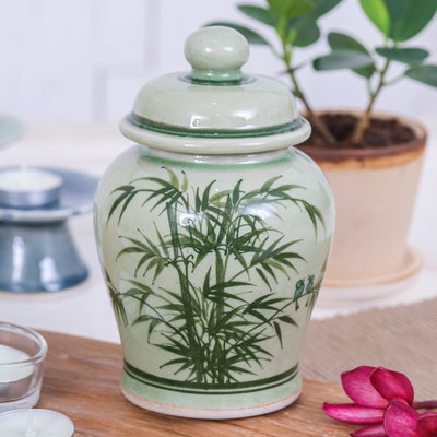 Bamboo-Themed Celadon Ceramic Decorative Jar in Green