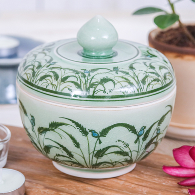 Rice Flower and Bird-Themed Celadon Ceramic Decorative Jar
