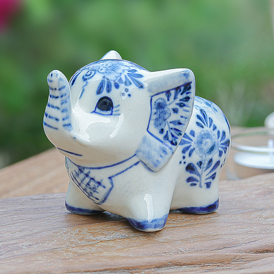 Floral Elephant-Shaped Blue and White Ceramic Statuette