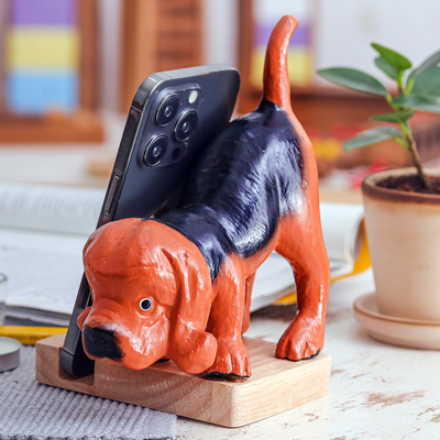Hand-Carved and Painted Beagle Dog Wood Phone Holder