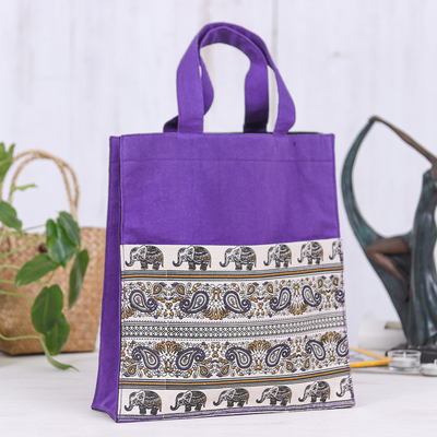 Elephant and Paisley Printed Cotton Tote Bag in Purple