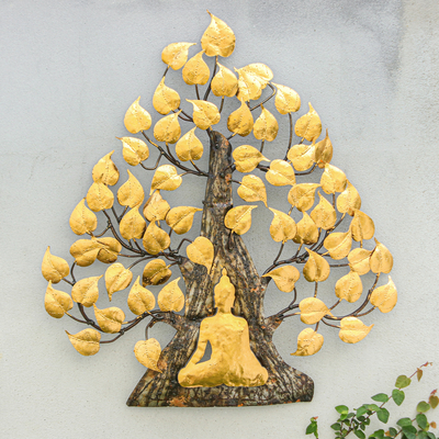 Handmade Gold Foil and Steel Wall Art of Buddha and Tree