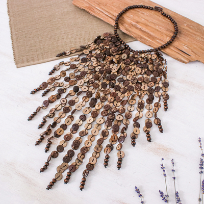 Tropical Wood and Coconut Shell Waterfall Necklace